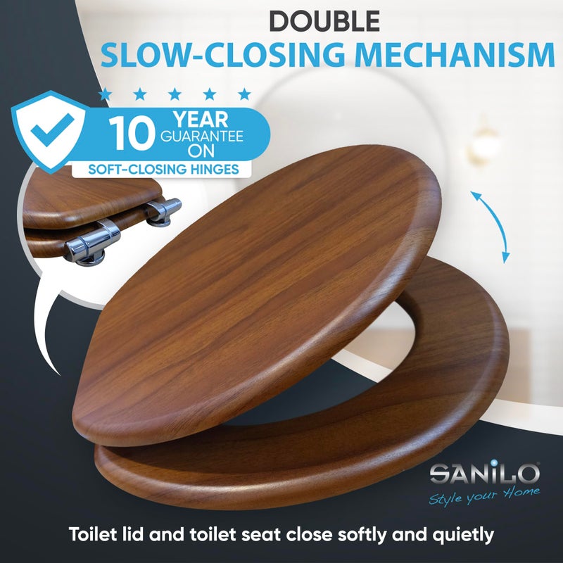 SANILO Wooden Toilet Seat with Soft Close [ROUND] - Decorative, Quiet & Slow Close Molded Wood Seat - With Strong Bumpers & Hinges - Adjustable Fit â€“ Mahogany - Image 2